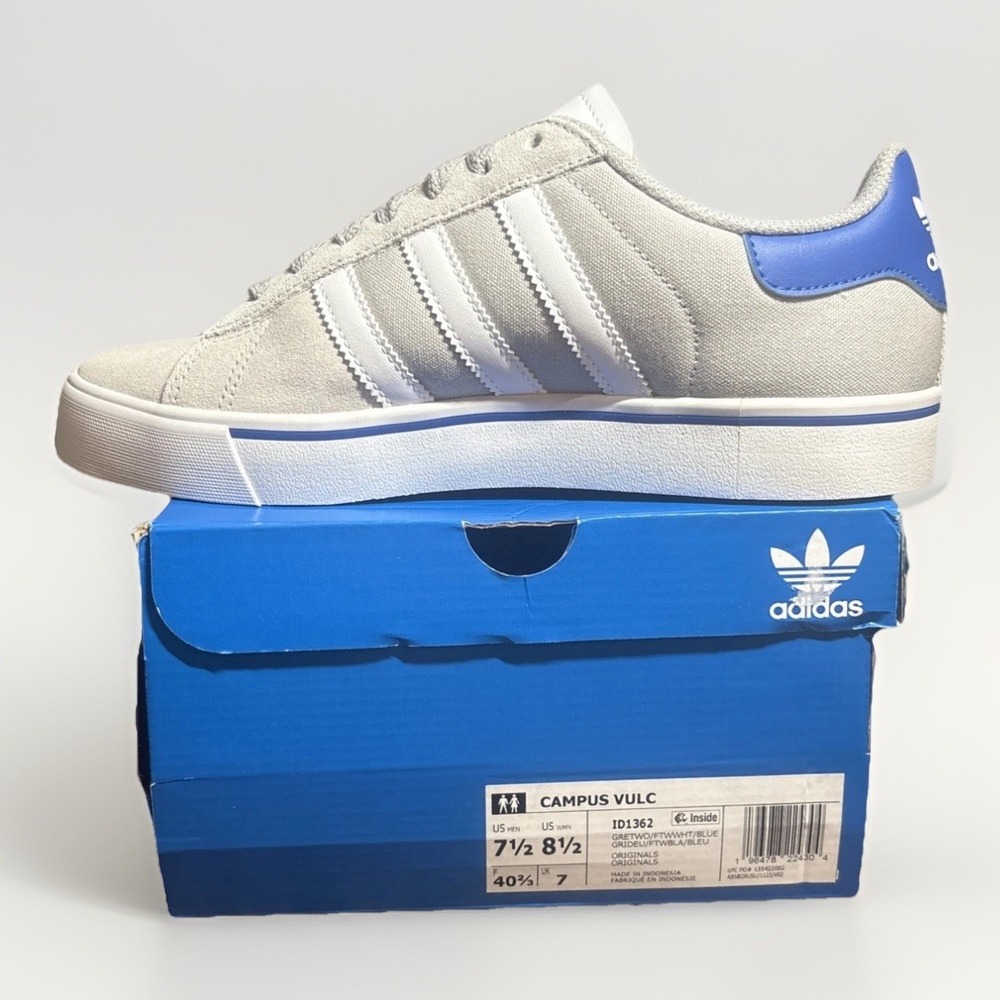 adidas Originals Campus Vulc Men's Size 7.5 Shoes Women's 8.5 Gray/Blue/White